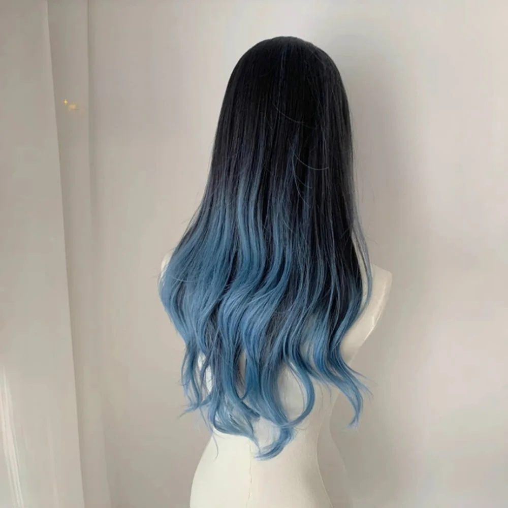 Black to Blue/Pink/Black Ombre Long Wavy Wig Natural Fluffy Body Wave Heat Resistant Synthetic Hair Daily & Party.