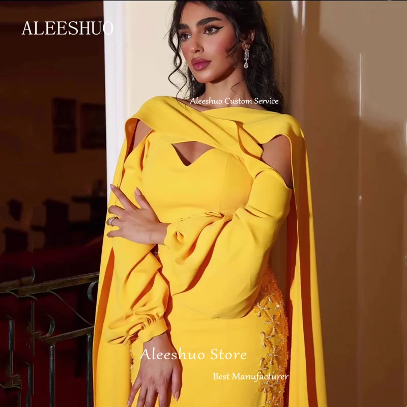 Cleeshuo-Robe de Soirée de Forme Sirène Jaune à Manches sulf, Tenue de Bal Sexy, Découpée, Longueur au Sol, à la Mode