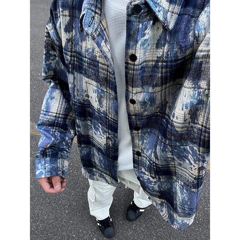 

Cleanfit Men's Long Sve Plaid irt Tie-Dye Spring Autumn Casual American Retro Sle Outerwear for Boys Loose Fit Trendy