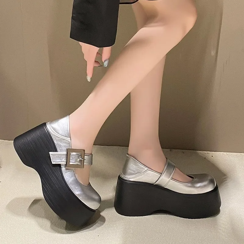 9CM New Autmn Synthetc Leather Platform Wedge Comfortable 2024 Summer Spring Fashion Women Fashion Buckle Shoes Mary Jane Pumps