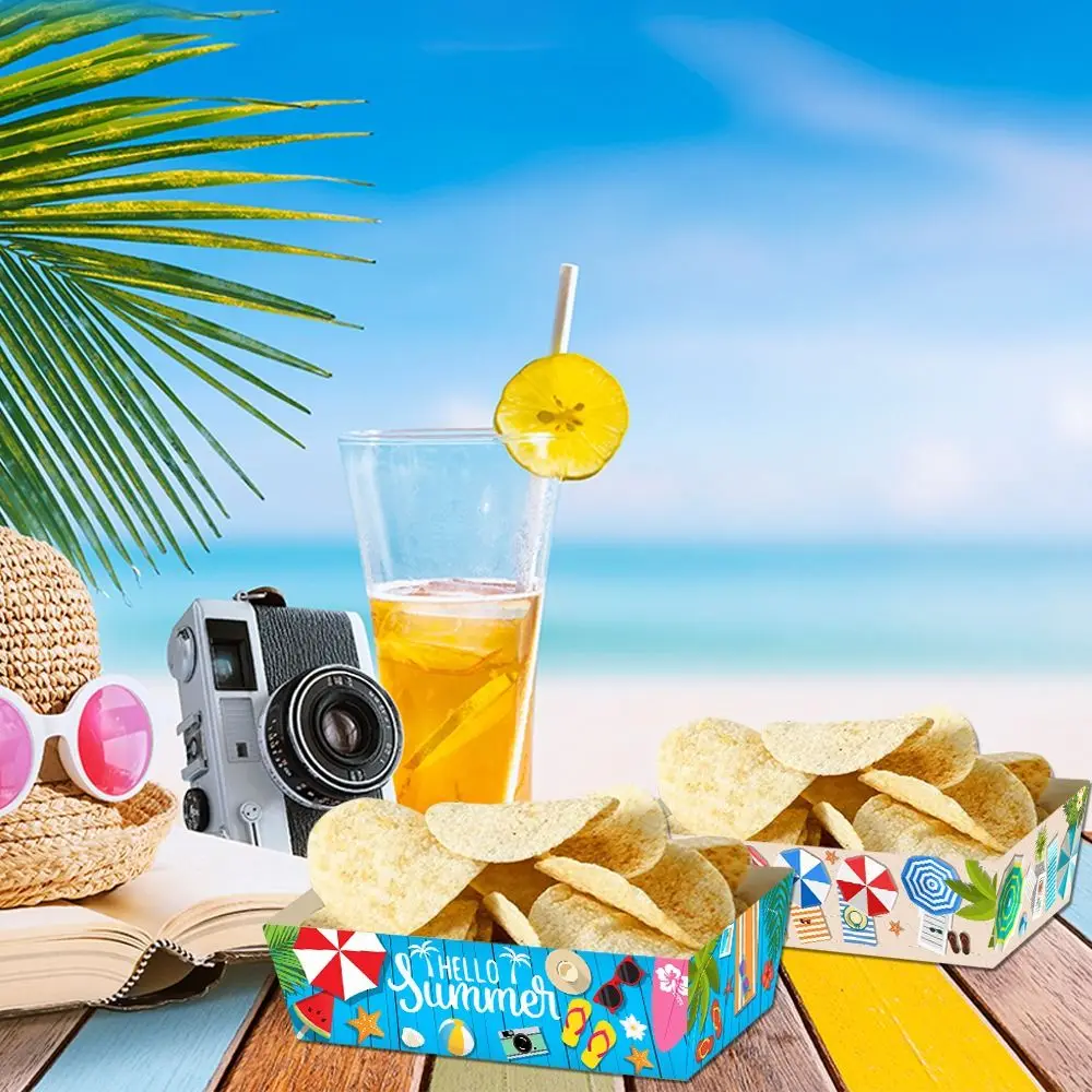 

12pcs Rectangular Summer Snack Paper Boxes Thickened Festival Disposable Baking Pans Paper Dinner Plate Party Favors