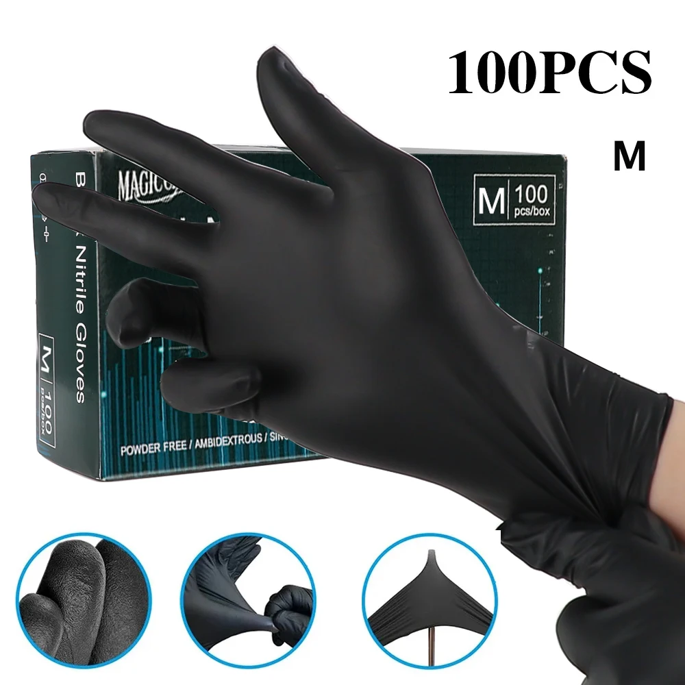 100PC M/L Disposable Black Nitrile Gloves Elastic Thickened Waterproof Gloves for Tattoo Cleaning Painting Beauty Salon Supplies