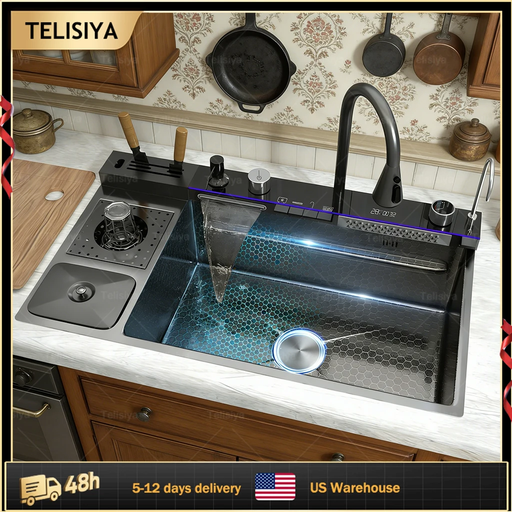 

Multifunctional Kitchen Sink Stainless Steel Waterfall Diswashing Sinks Digital Display Large Single Slot with Trash can