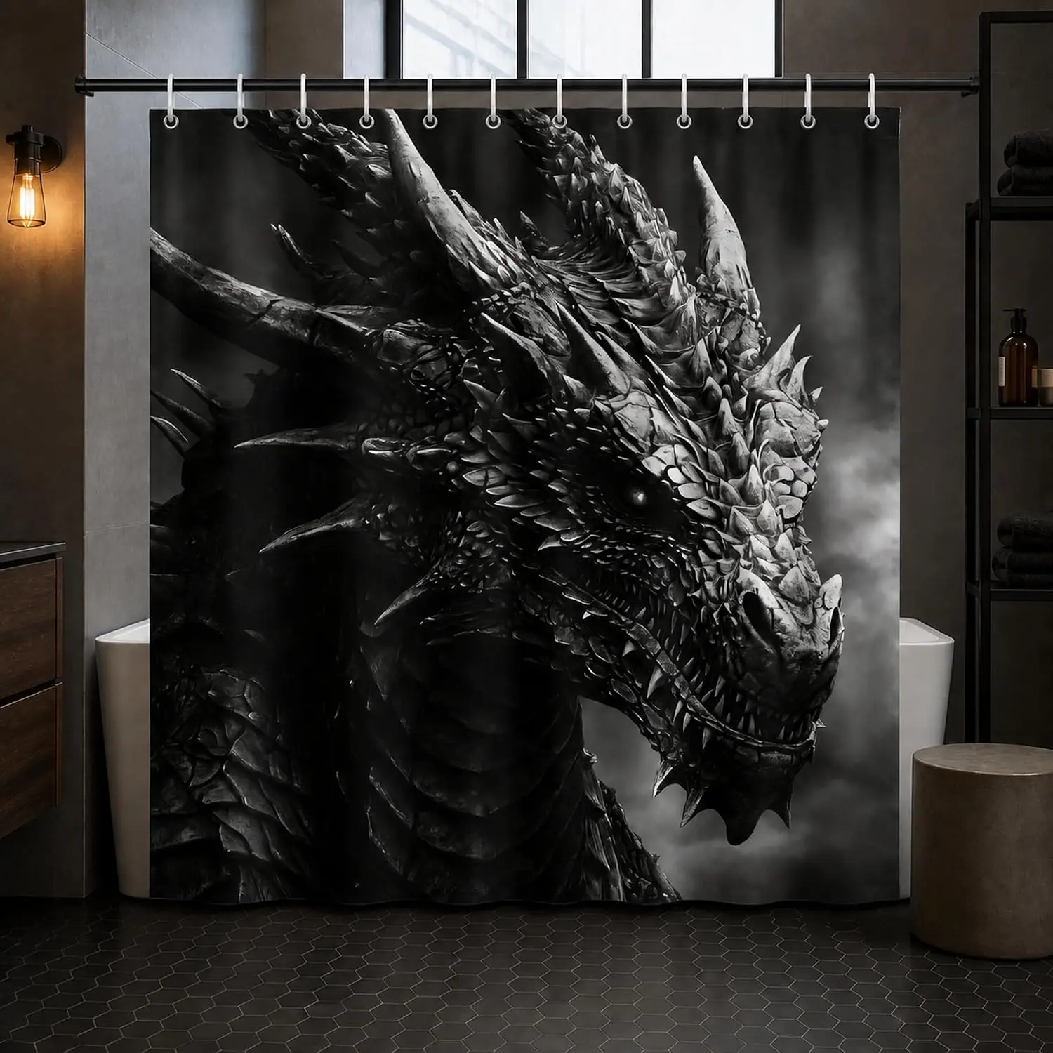 Black Dragon Head Shower Curtain, Fantasy Beast Print, Gothic Bathroom Decor, Waterproof Polyester Fabric Screen