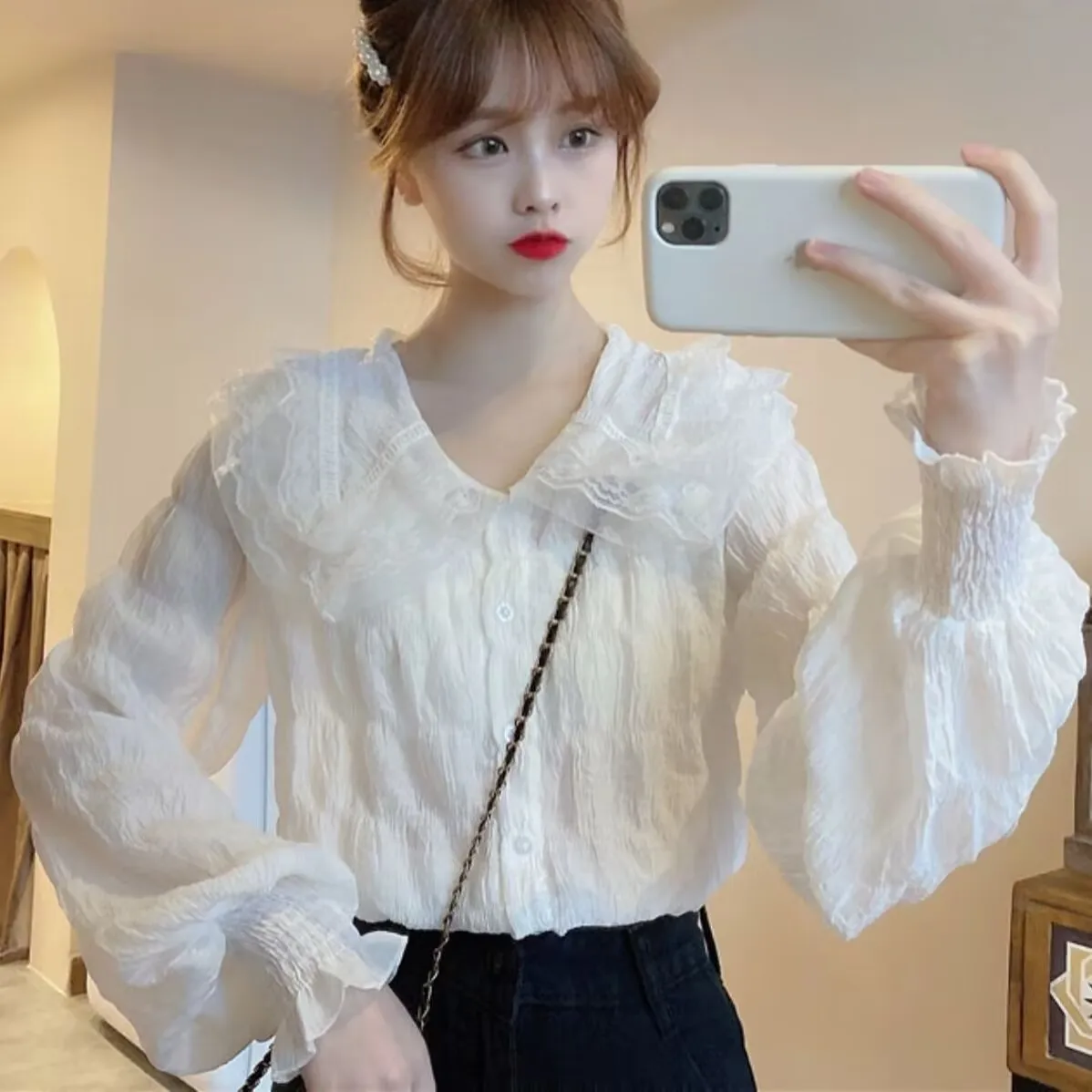 

Doll Collar Chiffon Shirt 2025 Spring Autumn Women Lace Puff Sleeves Blouse Female Elegant Sweet Long Sleeves Shirts Tops