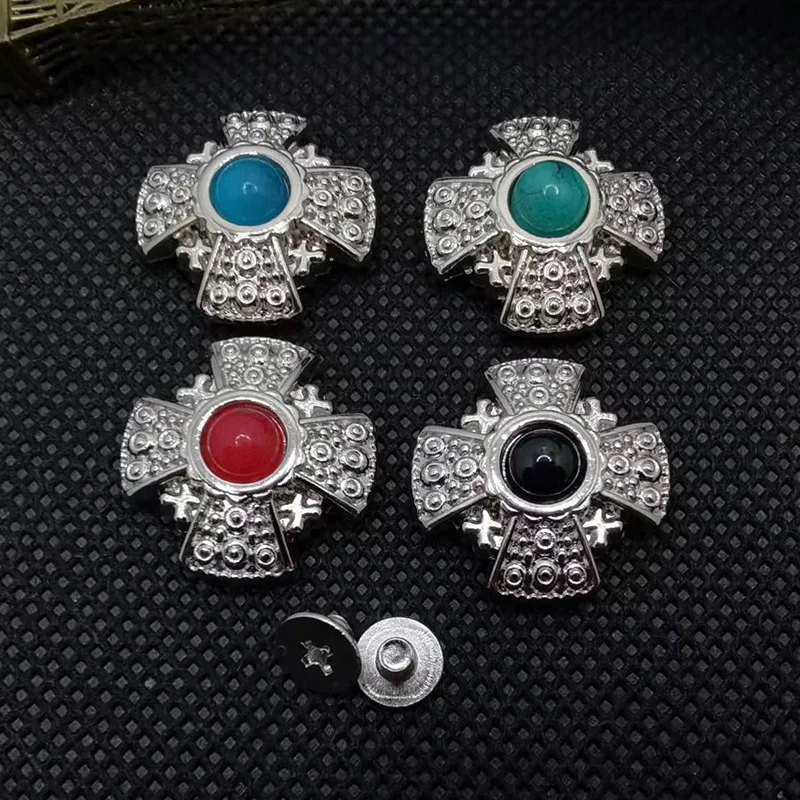 5pcs 20mm Bling Silver Western Round Button Four Colors Turquoise Cross Conchos For Leathercraft Belt Bag Hatband Wallet Decor