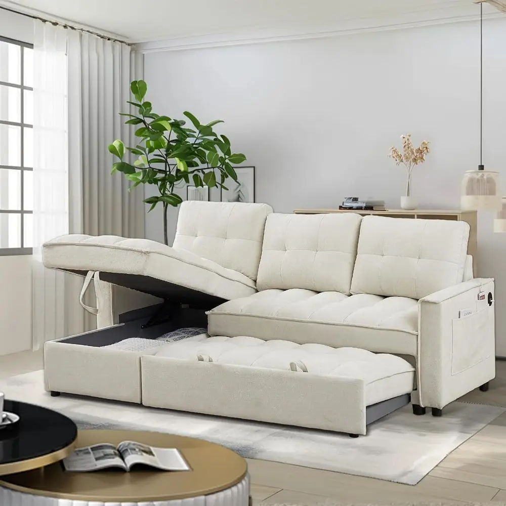 

Бежевый угловой диван-кровать из шенилла с выдвижным спальным местом, USB-портами и боковыми карманами для гостиной