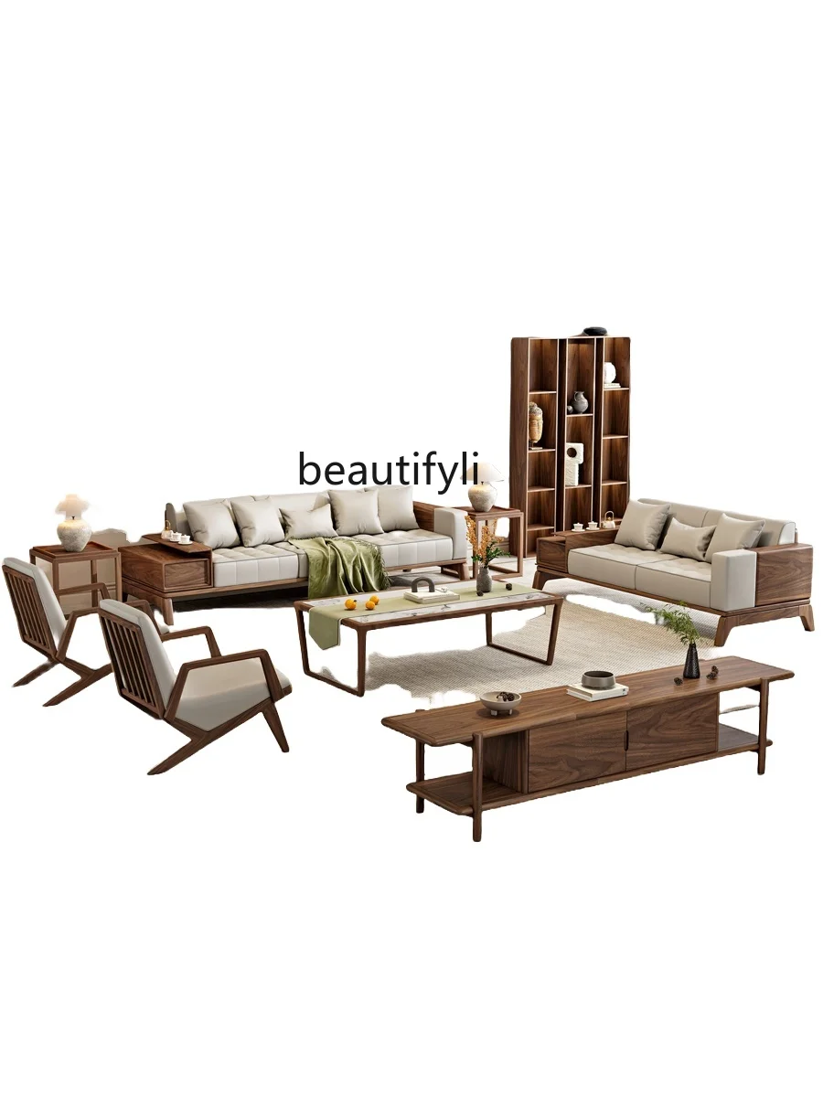 

New Chinese black walnut living room sofa Zen modern simple villa leather solid wood sofa small apartment furniture