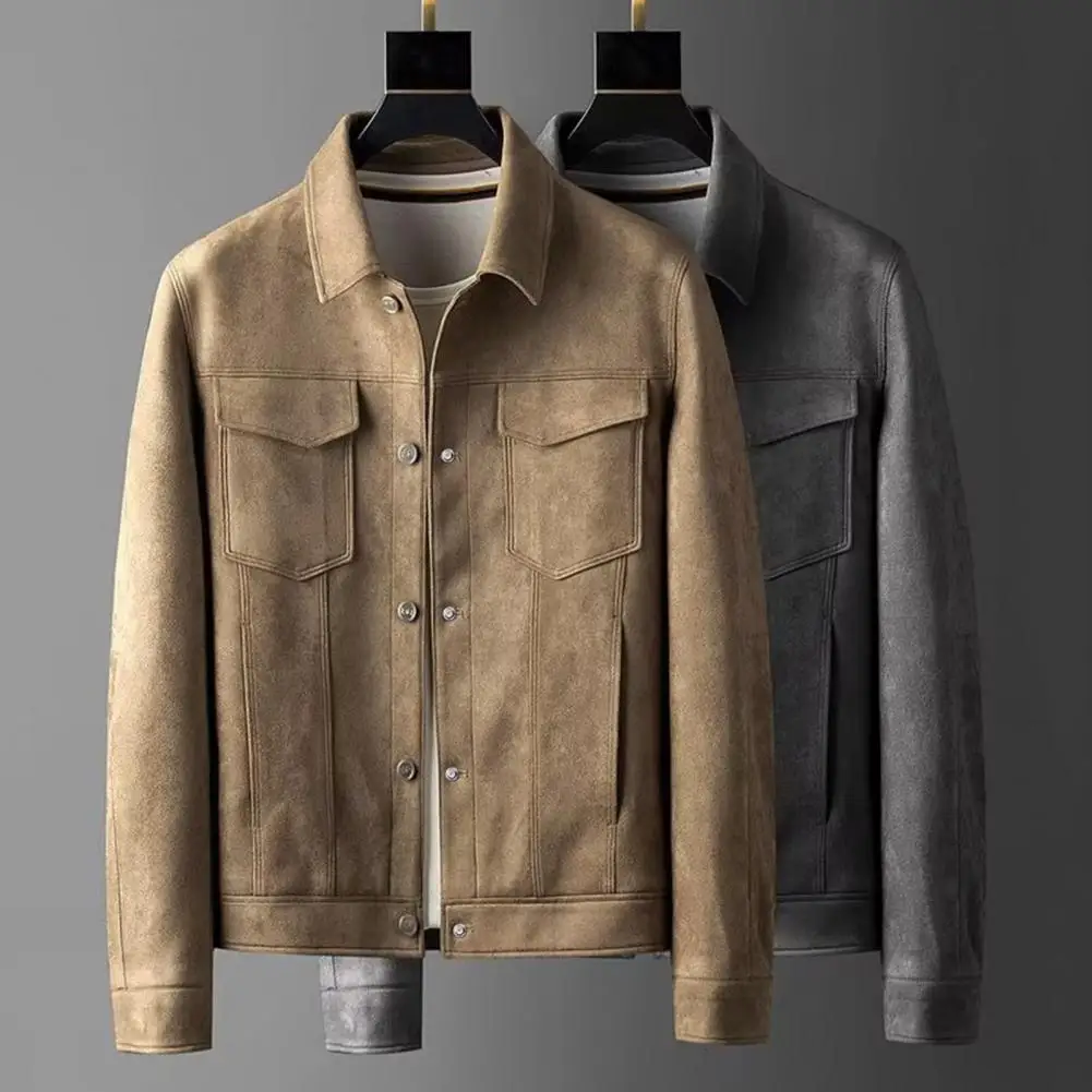 

Lapel Long Sleeve Outerwear Stylish Men's Lapel Zipper Jacket with Pockets Slim Fit Solid Color Coat for Spring Autumn for Men