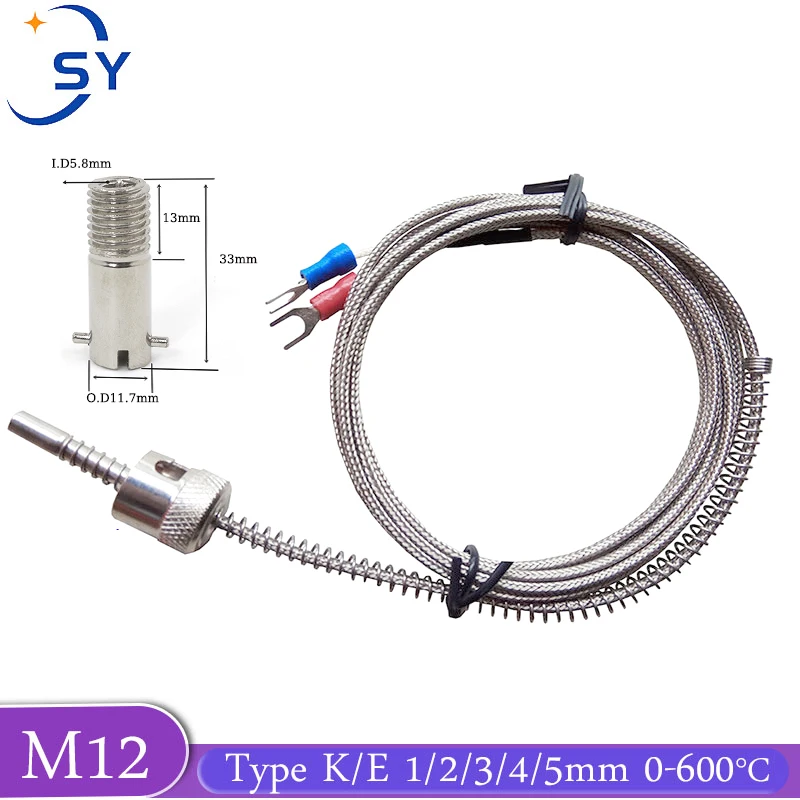 Thermocouple K/E 1M/2M/3M/4M/5M Compression Spring shielded wire M12 Temperature Sensor for Temperature Controller