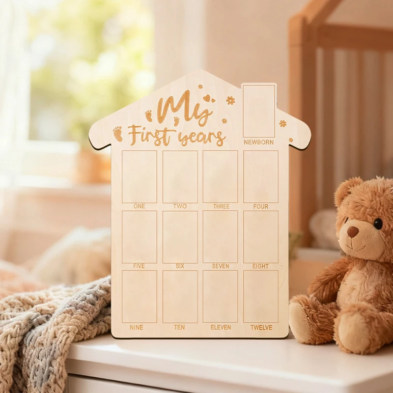 Wooden First Year Milestone Photo Frame First Year Picture Frame House Shape Photo Frames Table Decor Gift for New Parents