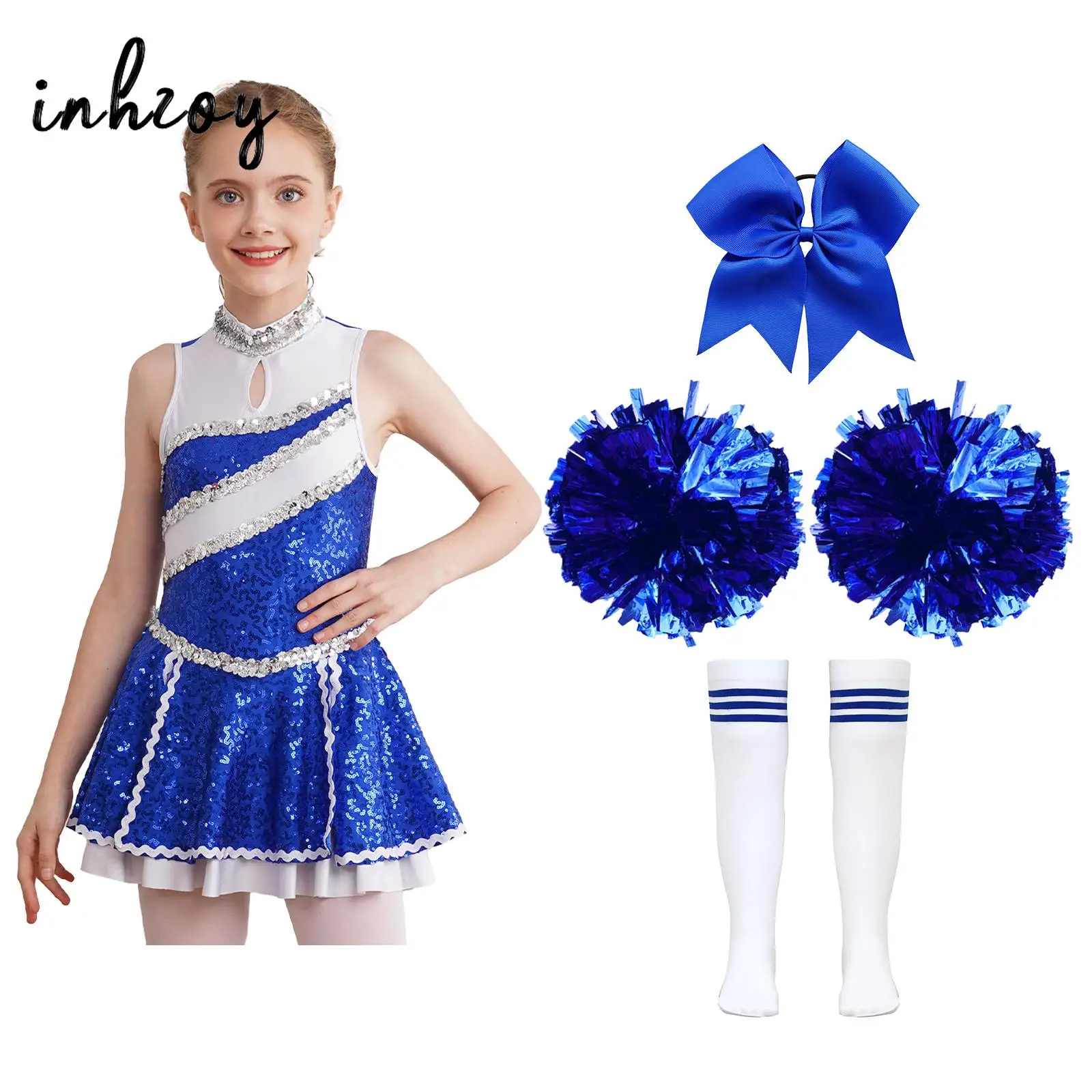 Fantasia de líder de torcida para meninas, lantejoulas brilhantes, vestido de dança de torcida com laço, meias listradas de flores à mão