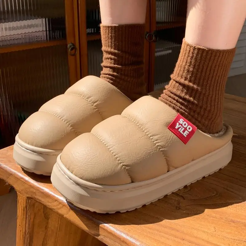 Lightweight Waterproof Down Indoor Slippers Women Winter 2026 Soft Cloud Thick Bottom Plush Home Slippers Women Warm House Shoes