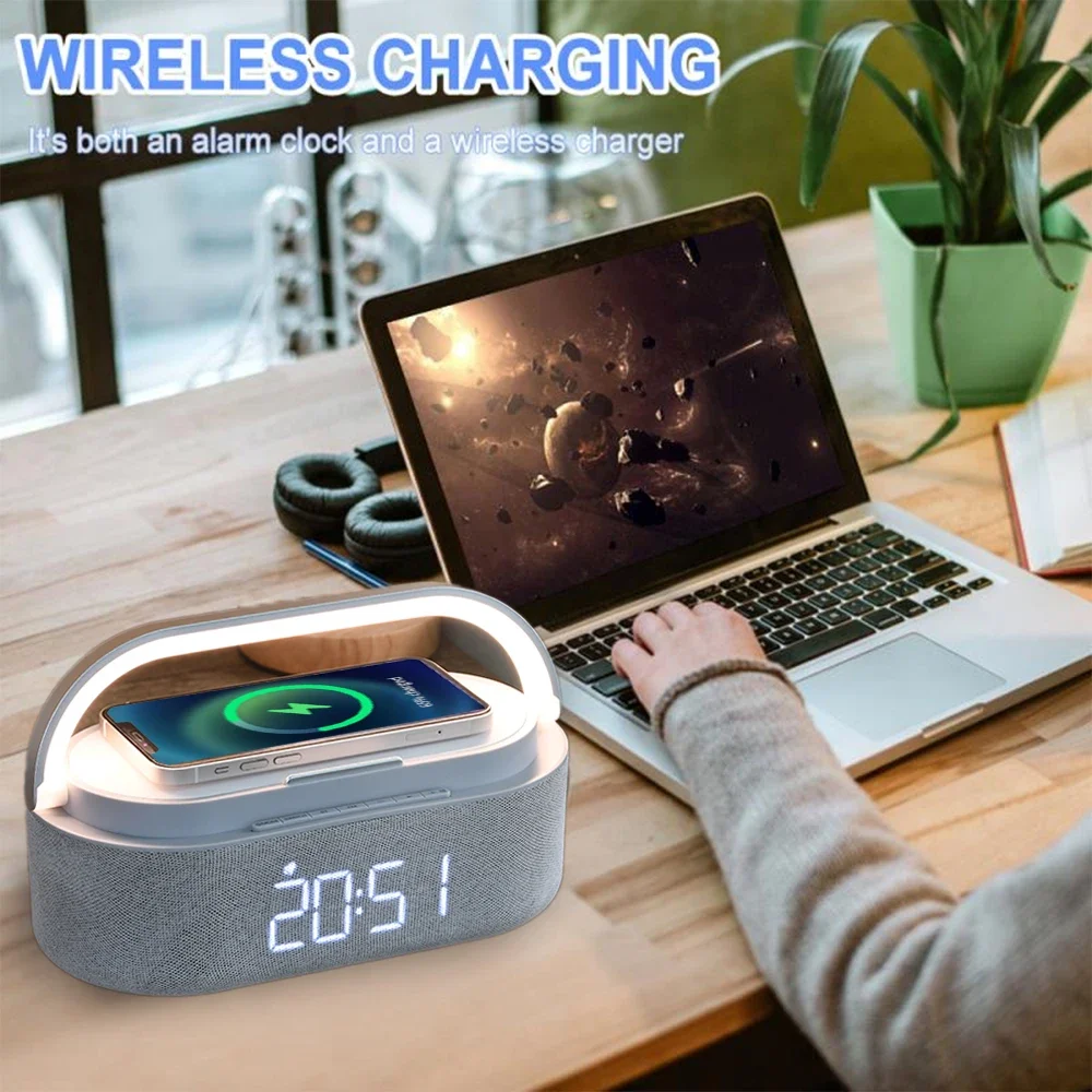 NEW Wireless Charger 15W Portable Digital FM Alarm Clock Bluetooth Speaker Radio Touch Night Light Dual Home Bedside Subwoofer