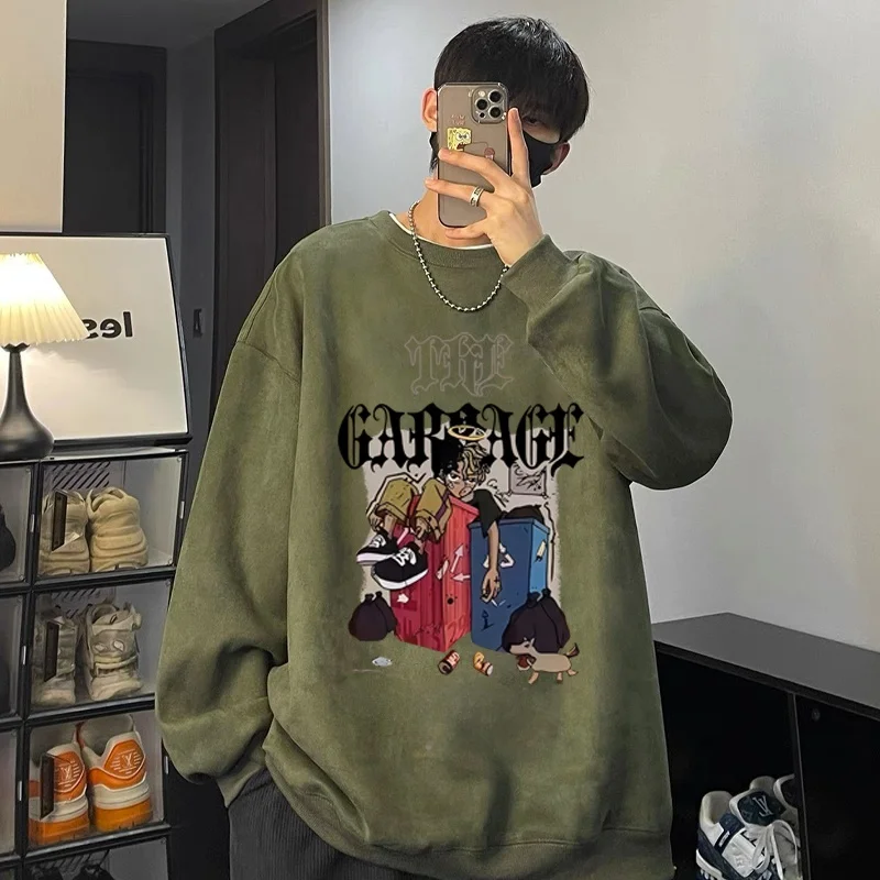 

Loose Fit Men's Sweatirt round Ne Long Sve American Suede Velvet Autumn Winter Heavyweight T-irt Youth Outerwear