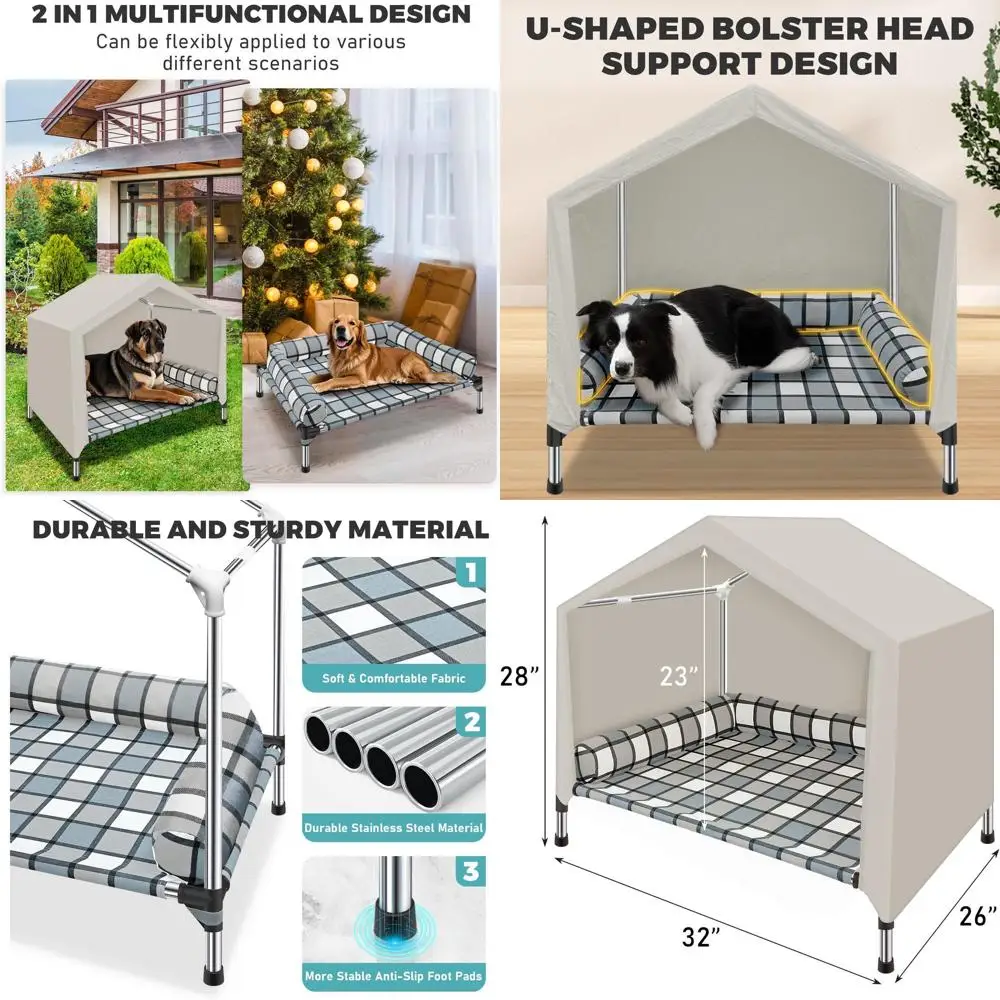

Всепогодная переносная лежанка для собак – 2-в-1 для улицы и дома, с навесом, подушкой и бортиком для пляжа и кемпинга
