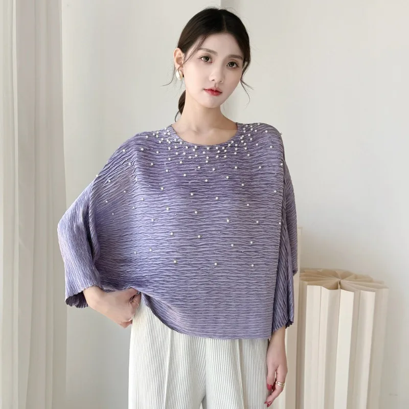 

Pleated Round Neck Fashion Solid Color T-Shirt 2026 Miyake Fold New Soft Batwing Sleeves Pearl-Embellished Top Women's Plus Size