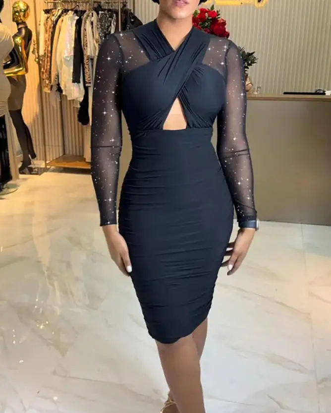 Women's Dress Summer New Style Sexy European and American Style See Through Shiny Mesh Splicing Hollow Hip Hugging Dress