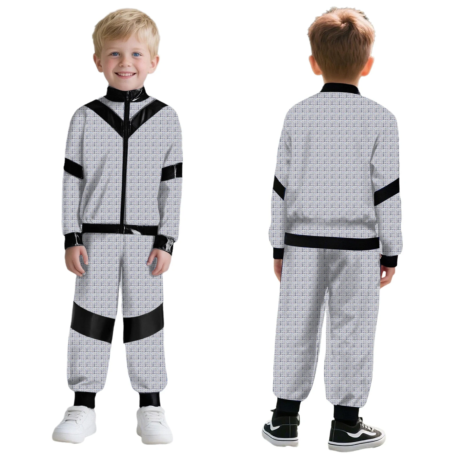 

Kids Hip Hop Jazz Street Dance Performance Costume Long Sleeve Metallic Plaid Zipper Jacket with Pants School Show Dancewear