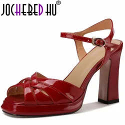 【JOCHEBED HU】Brand Genuine Leather Band Ladies Handmade Shoe for Women's Sandals Summer Heels Platform Luxury 34-40