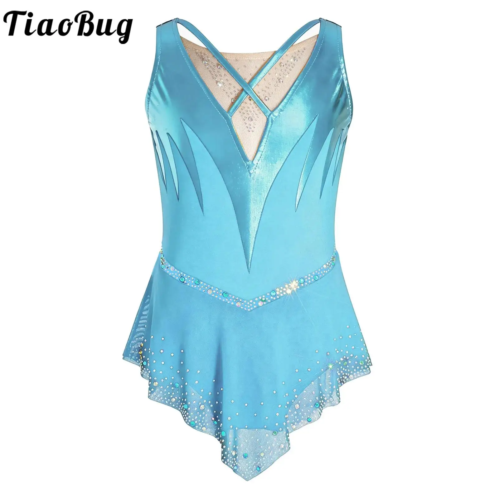 

Kids Girls Figure Skating Gymnastics Lyrical Performance Costume Sleeveless Leotards Rhinestones Mesh Dress with Built-in Briefs