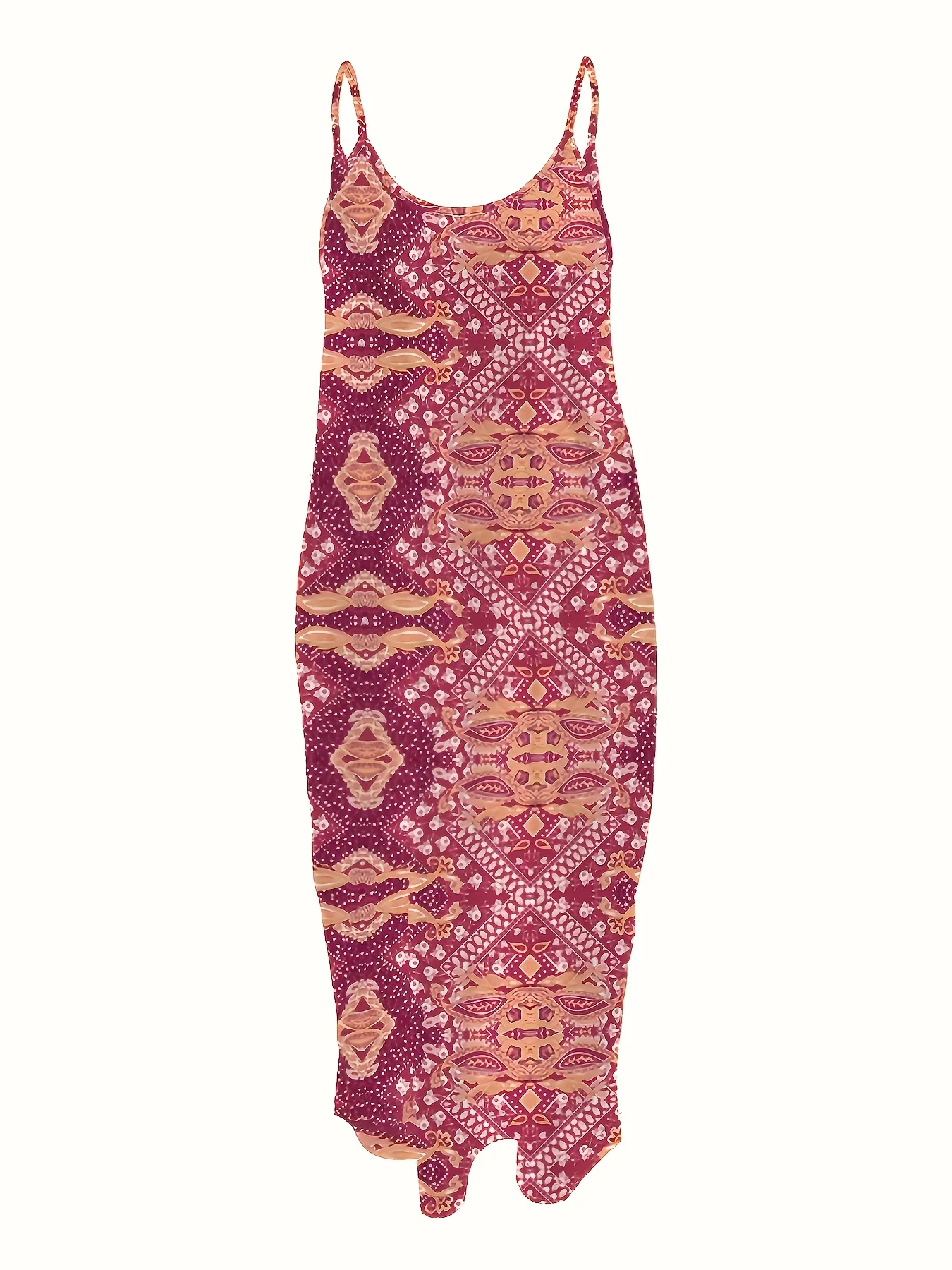 Women's Spaghetti Strap Burgundy Geometric Pattern Ethnic Boho Bodycon Dress Summer Party Vacation Casual Sundress