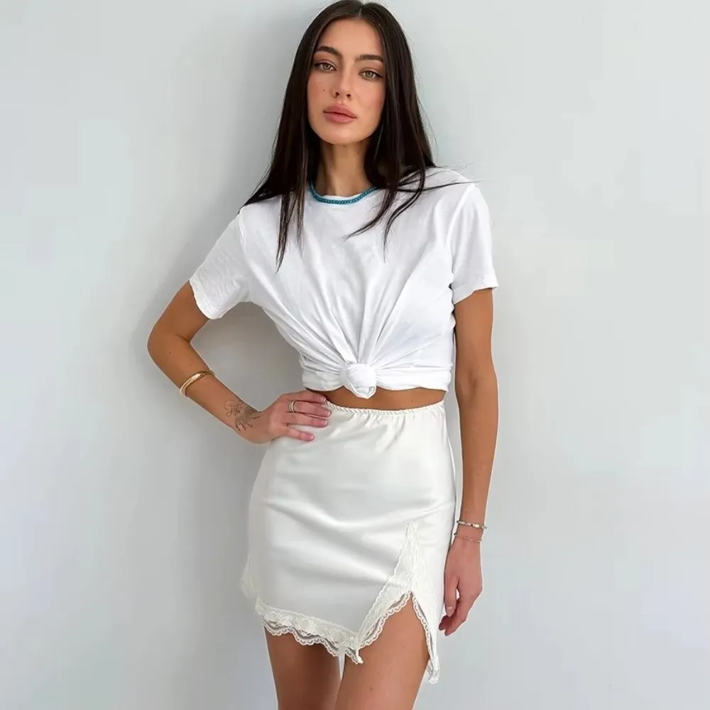 

Летняя юбка-карандаш с высокой талией, кружевной отделкой, атласной вышивкой, однотонная, облегающая, с эластичной талией и разрезом