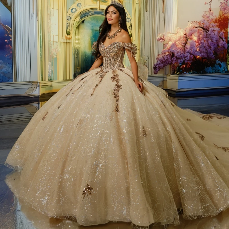 

Champagne Shiny Quinceanera Dresses Off The Shoulder Sequin Applique Lace Beading Crystal Tull Party Birthday Sweet 16 Dress