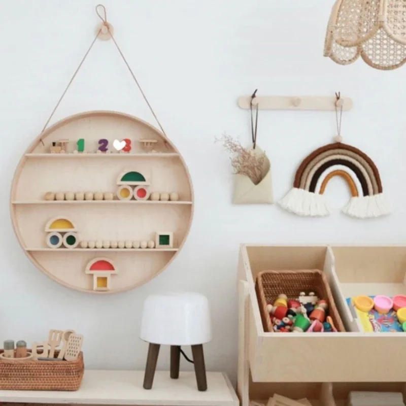 Wooden Wall-mounted display rack Lanyard storage rack Home decoration pendant Wooden shelving Round wall hanging shelf kids Room