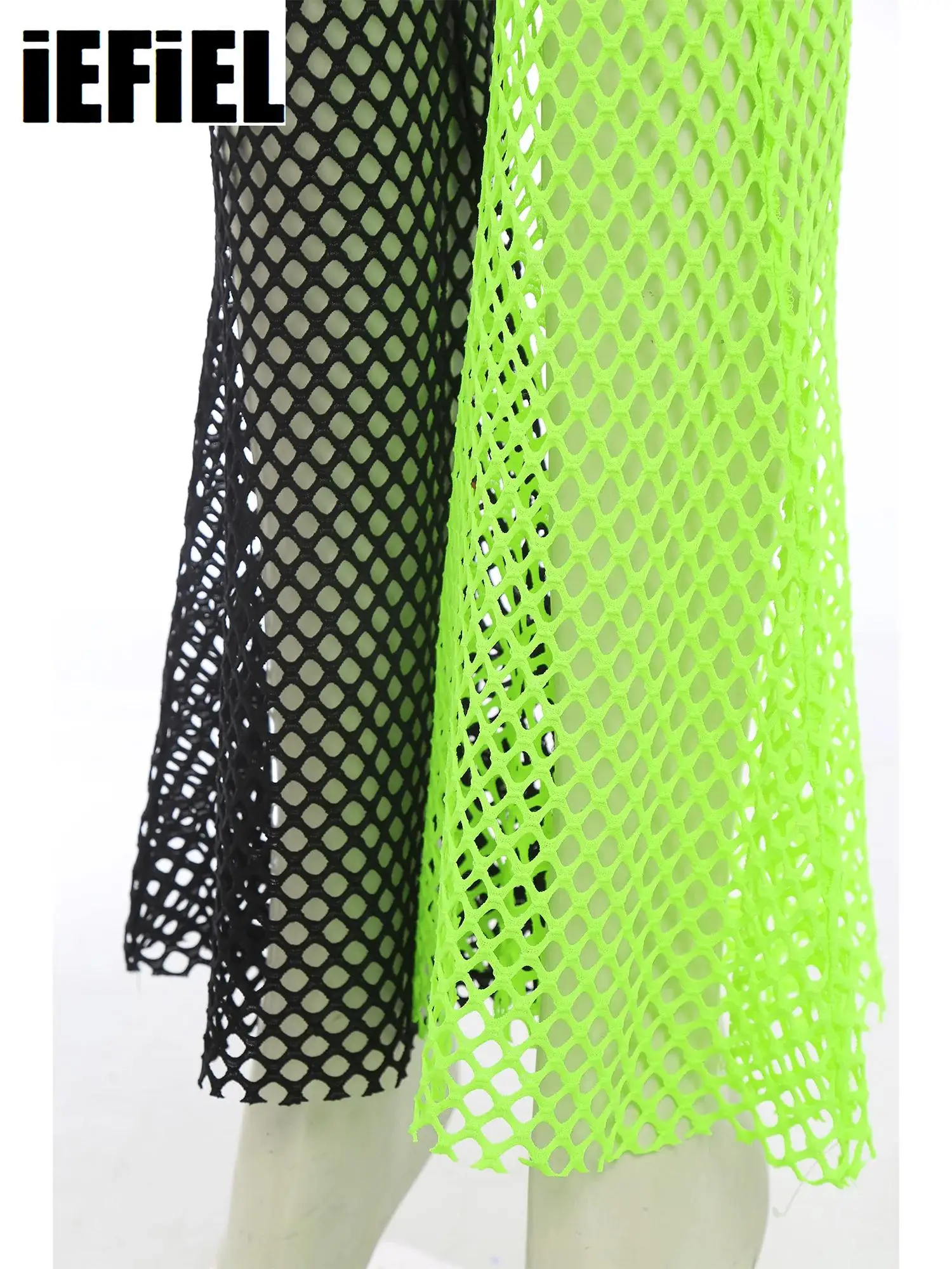 

Sexy Women Fishnet Mesh Chaps with Waist Belt Hollow Out Crotch Wide Leg Flared PantsTrousers Bikini Cover Pants Rave Party Wear