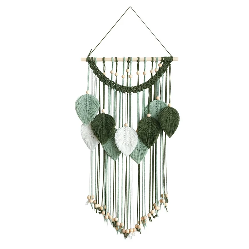 Forest Leaves Woven Tapestry Ornament Macrame Tapestry Leaf Tassel Hanging Decor for Living Room Bedroom Wedding Boho Decoration