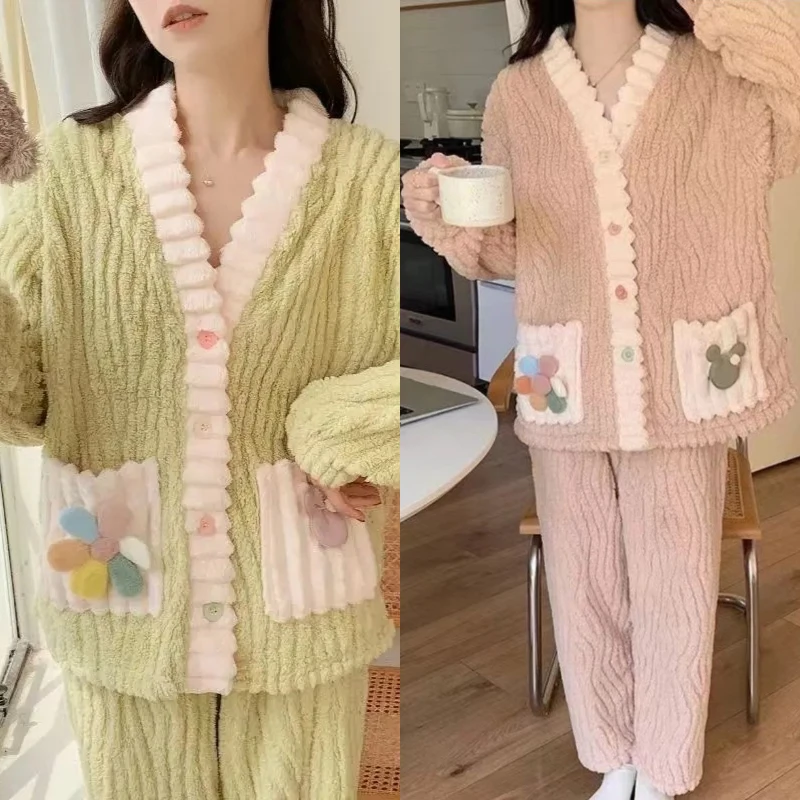 2PCS/Set Thickened Warm Monthly Pregnant Women's Clothing Set Winter Flannel Nursing Pajamas Long Sleeve Large Size Homewear