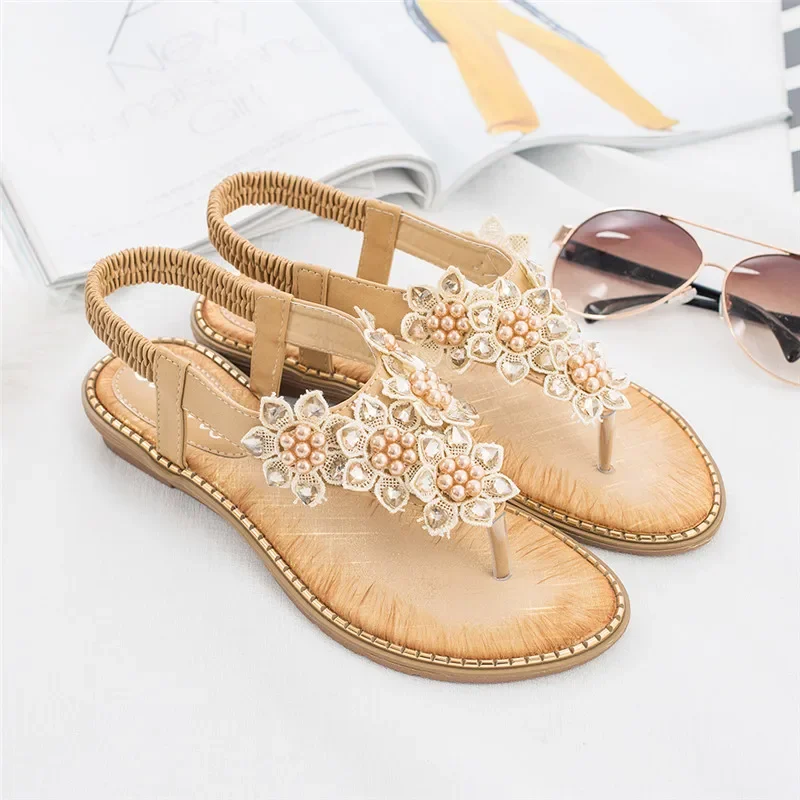 YAERNI Women Sandals New Fashion Bead Flower Round Toe Flip-flop Sandals Female Trend Summer Shoes Woman Plus Size 36-42