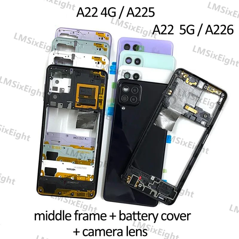 For Samsung Galaxy A22 4g 5g A225 A226 Phone Housing Case Middle Frame Cover+Battery Back Cover Rear Door Lid+Camera Lens Parts