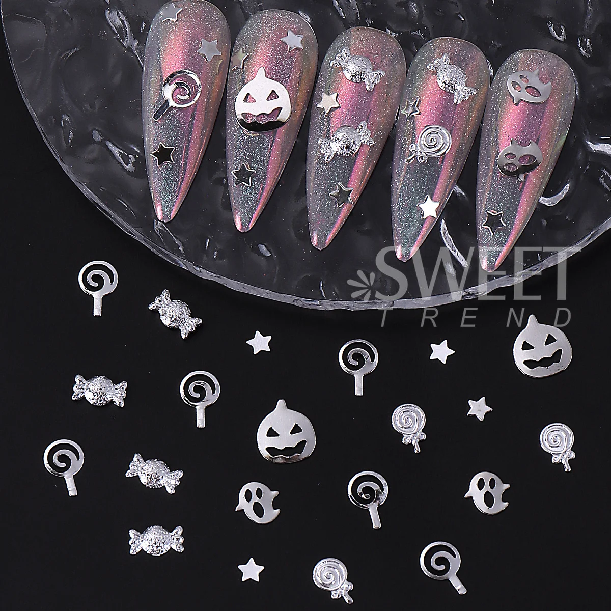 2 Boxes Gold Silver Halloween Metal Nail Glitter Sequin Pumpkin Candy Star Shape Metal Flake Design Jewelry Manicure Decor Parts view 5