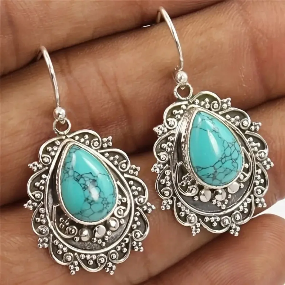 Bohemian Retro Sliver Color Filigree Synthetic Crack Turquoise Waterdrop Dangle Earrings for Women Ethnic Vacation Jewelry Gifts