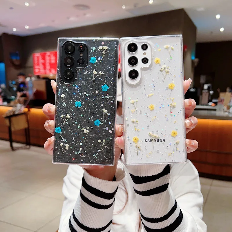 Dried Real Flower Bling Glitter Phone Case for Samsung Galaxy S20 FE S23 S22 S21 Plus Note20 Ultra A53 Transparent Clear Cover