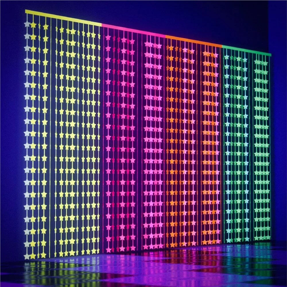 

Glow in The Dark Party Supplies 4 Packs 4 colors Neon Party Decorations UV Blacklight Reactive Fluorescent Star Tinsel Foil