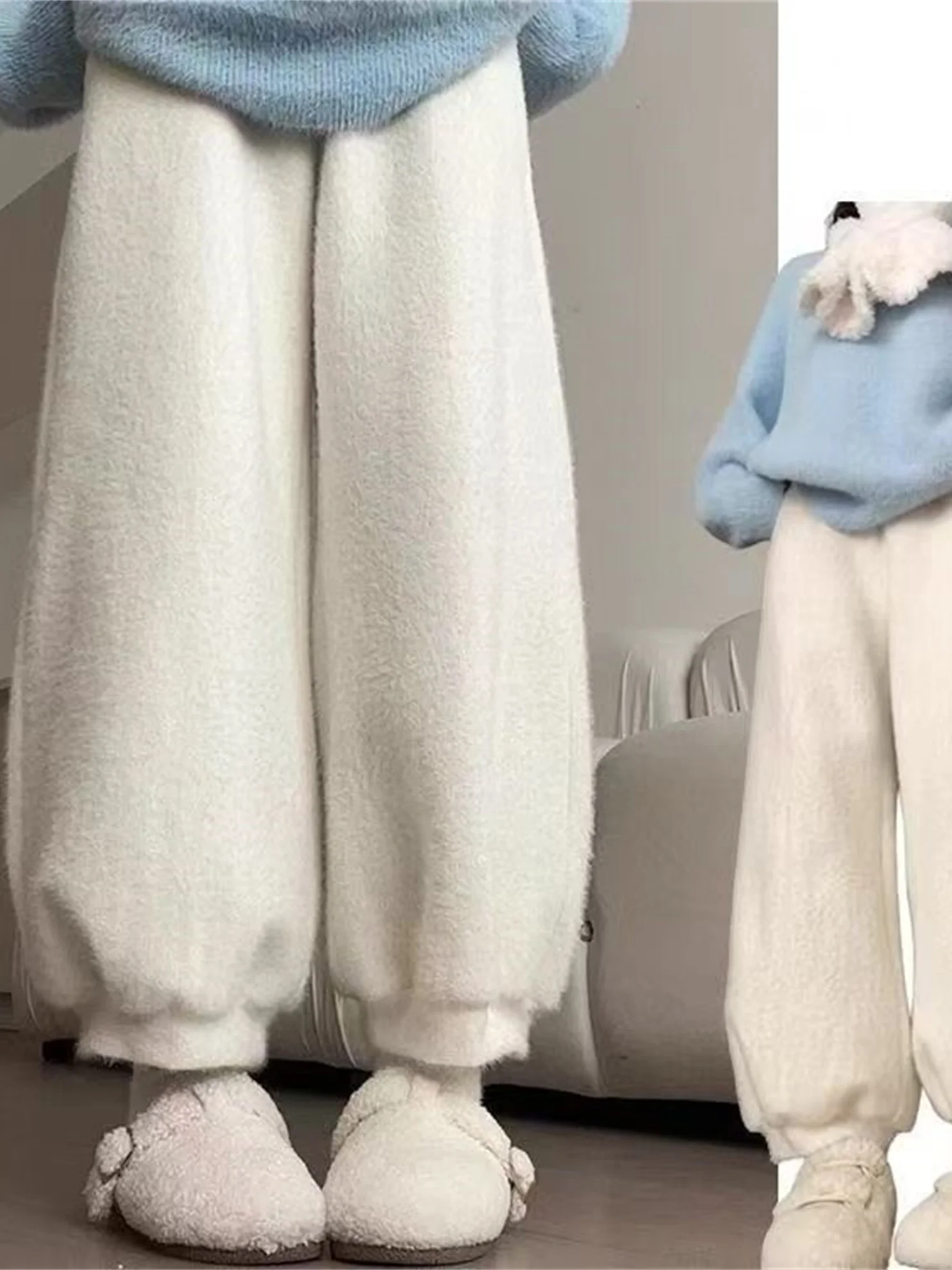 

Корейские белые брюки-фонарики из вельвета под норку для женщин, осенне-зимние, утепленные, повседневные, свободного кроя, укороченные (7/8)
