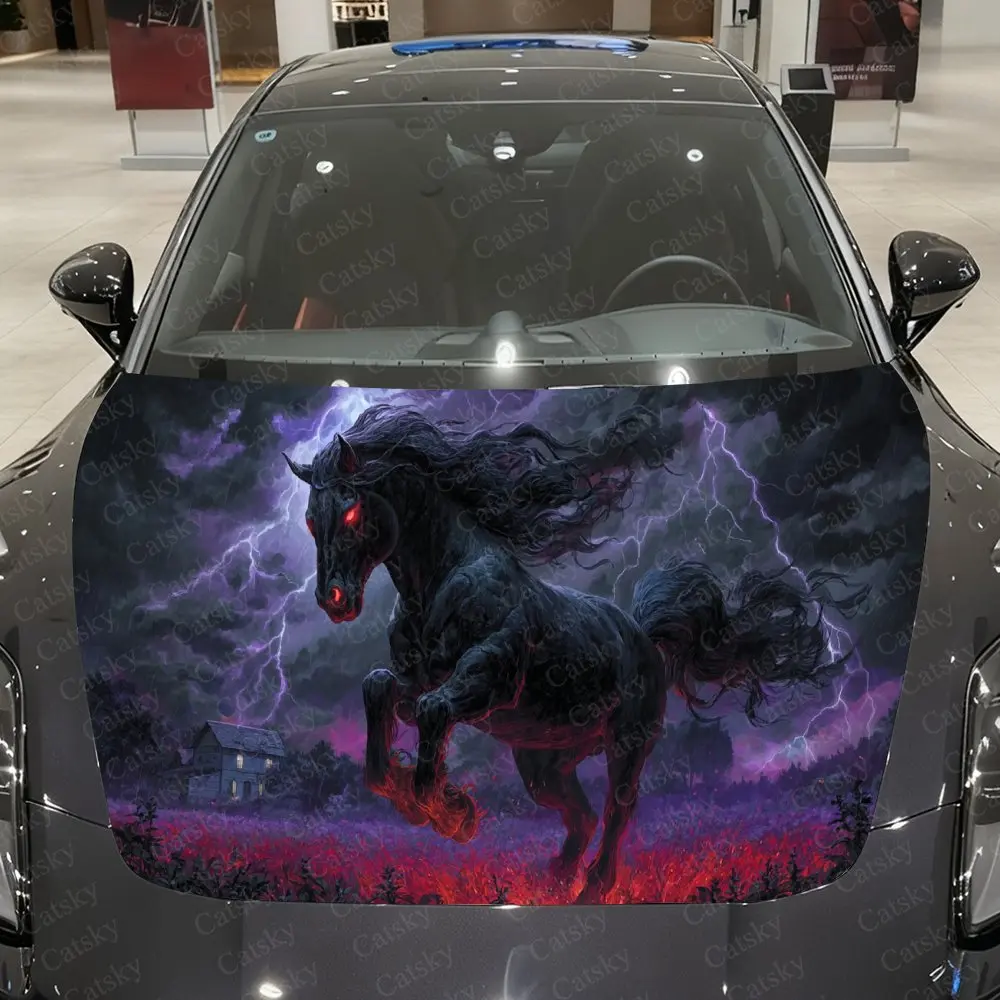 

Purple Lightning Burning Wild Steed Car Vinyl Wrap, PVC Waterproof Car Hood Sticker, Self-Adhesive Scratch-Resistant Stickers