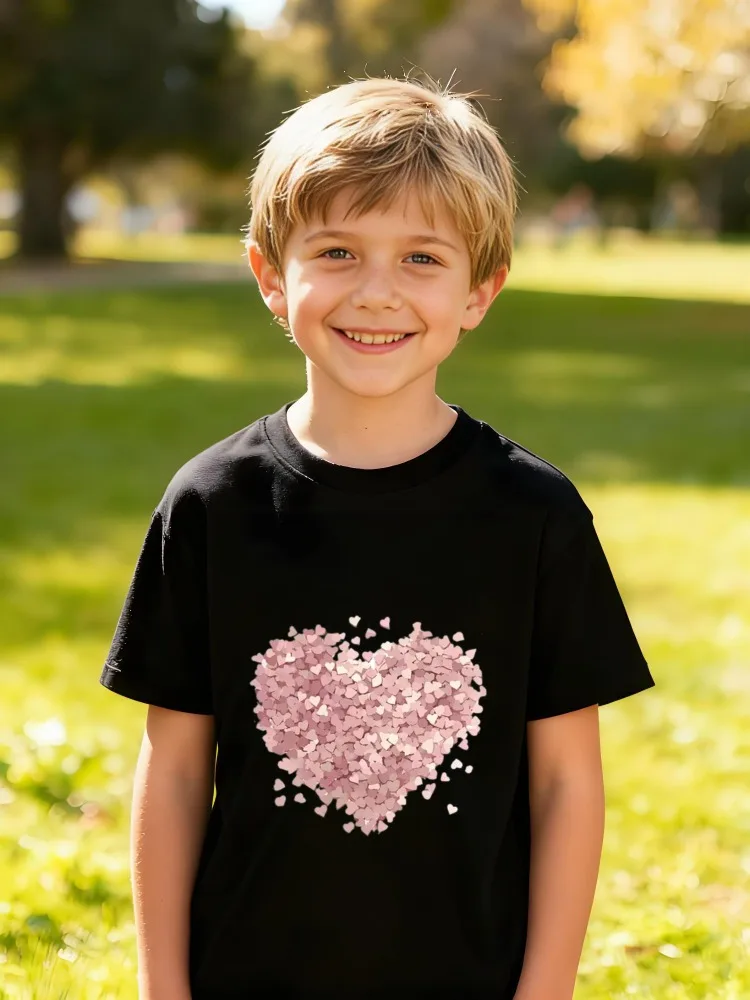 ​ T-Shirt en coton pour enfants, motif de cœurs roses dégradés en forme de cœur, pour garçons et filles, romantique, doux, usage quotidien ​
