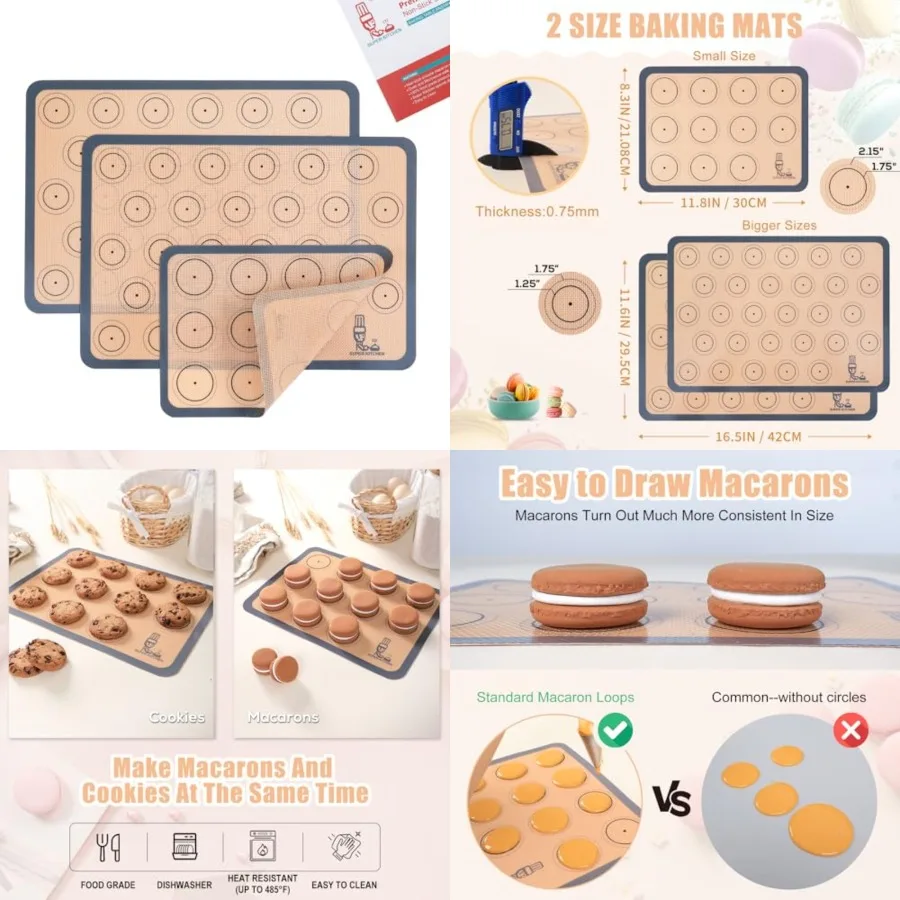 Silicone Baking Mat Macaron - Set of 3 2 Half Sheet Liners and 1 Quarter Sheet,N