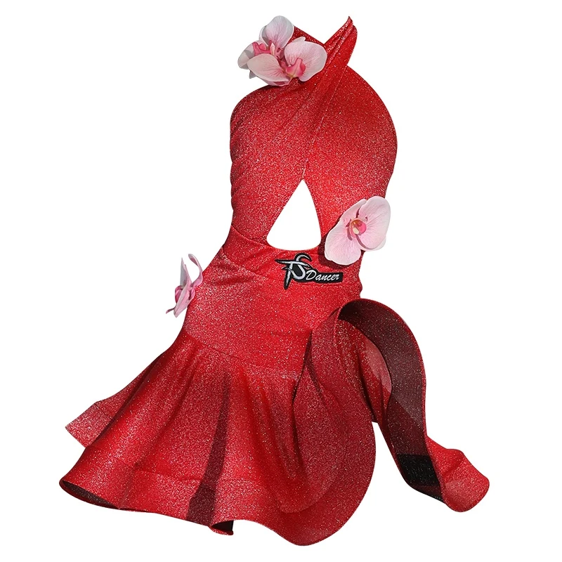 Robe de danse latine rouge d'été pour filles, Costume de spectacle, ensembles d'arêtes de poisson à fleurs, Cha Cha Rumba Samba, robe de concours de danse BL14653