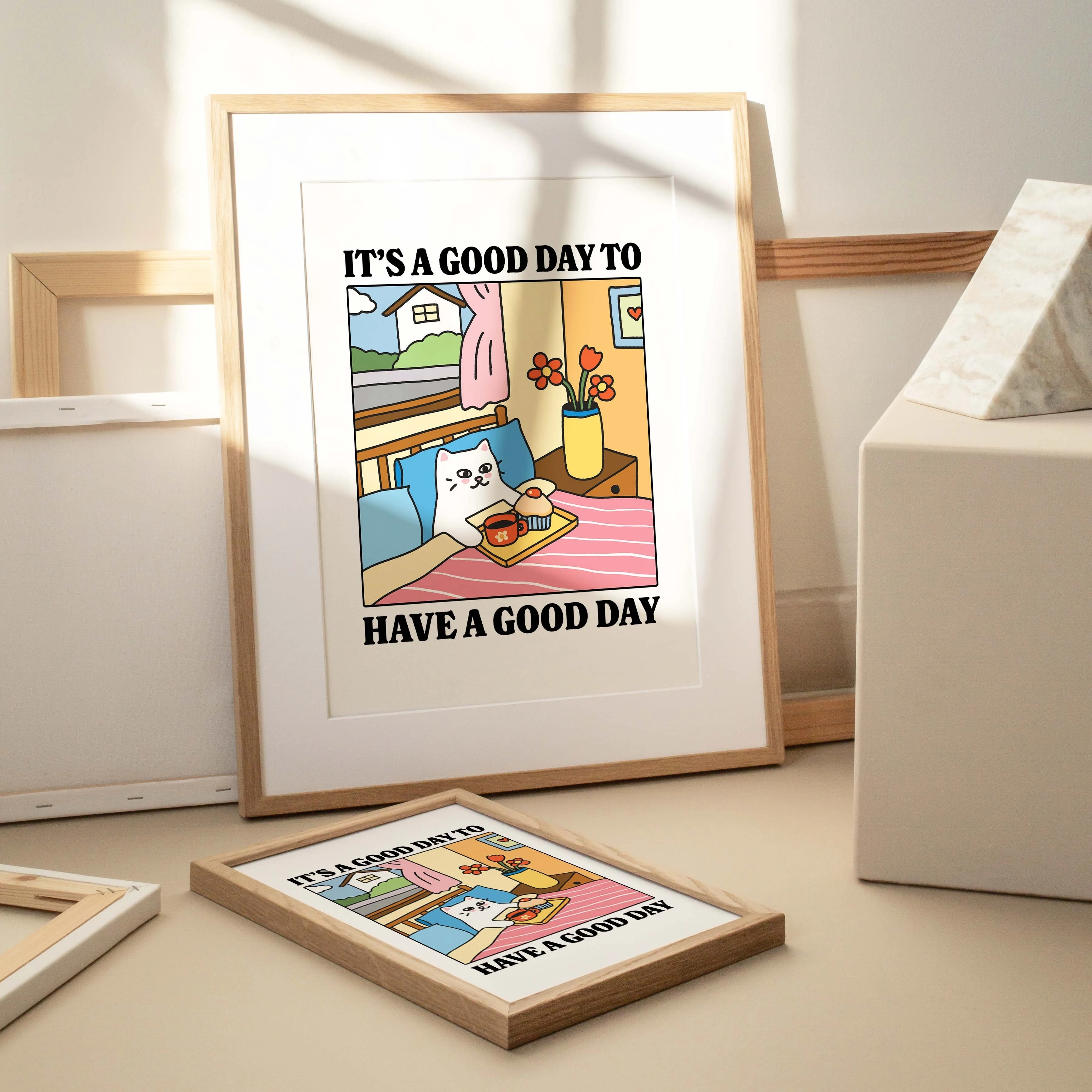 يوم جيد للحصول على يوم جيد الكرتون القط جدار الفن يطبع قماش اللوحة المشارك صورة لغرفة المعيشة الأطفال ديكور المنزل هدية