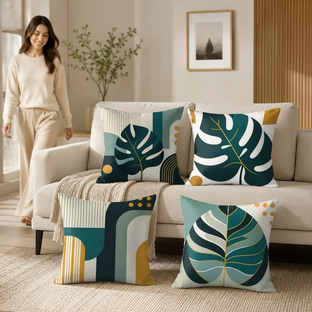 Mid Century Geometric Cushion Cover Soft Short Plush Pillow Case Double Sided Print Washable Sofa Home Decor Gift