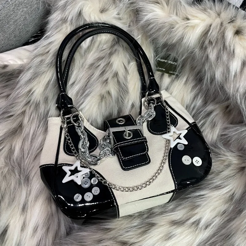 

Xiuya Vintage Fashion Womens Shoulder Bag Casual Patchwork Chain Y2k Handbag Harajuku Style Contrast Color Exquisite Armpit Bag