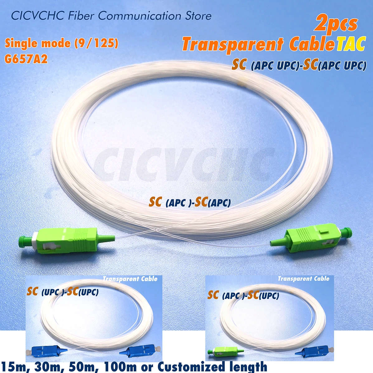 

2pcs Transparent Cable (TAC)- SC-SC Jumper-SM(OS2)-G657A2-Bend Insensitive Fiber-APC UPC-Invisible optical cable