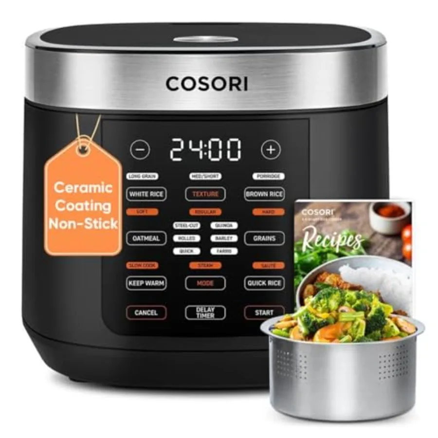 

10 Cup Rice Cooker with 24h Keep Warm Non-stick Ceramic Inner Pot 18 Functions Fuzzy Logic Stainless Steel Steamer Basket Saute
