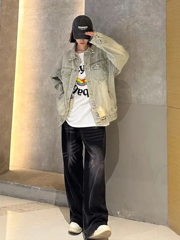 

Waed Denim Jaet Casual Loose Fit Tear Design for Couples Street Sle American Retro Jaet Men's Casual Jaet