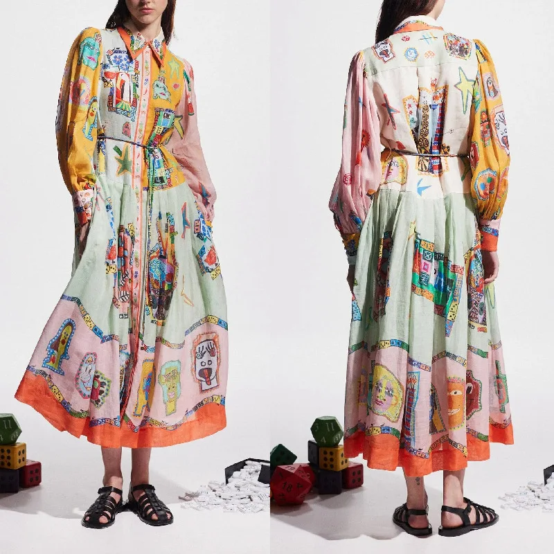 2025 New Single-Breasted Long Lantern Sleeve Graffiti Print Tie-Waist Flared Dress for Women A002